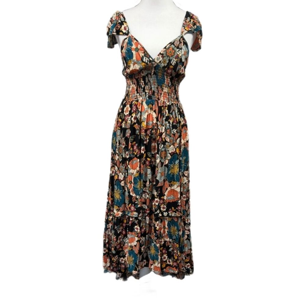 Angie Floral Tiered Slit Cap Sleeve Lace Back Midi Dress Sz M